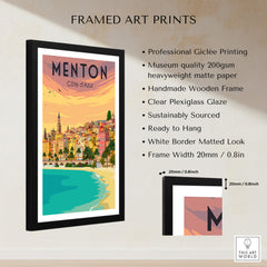 Menton France Print Poster | Vintage framed artwork featuring coastal view and vibrant colors.