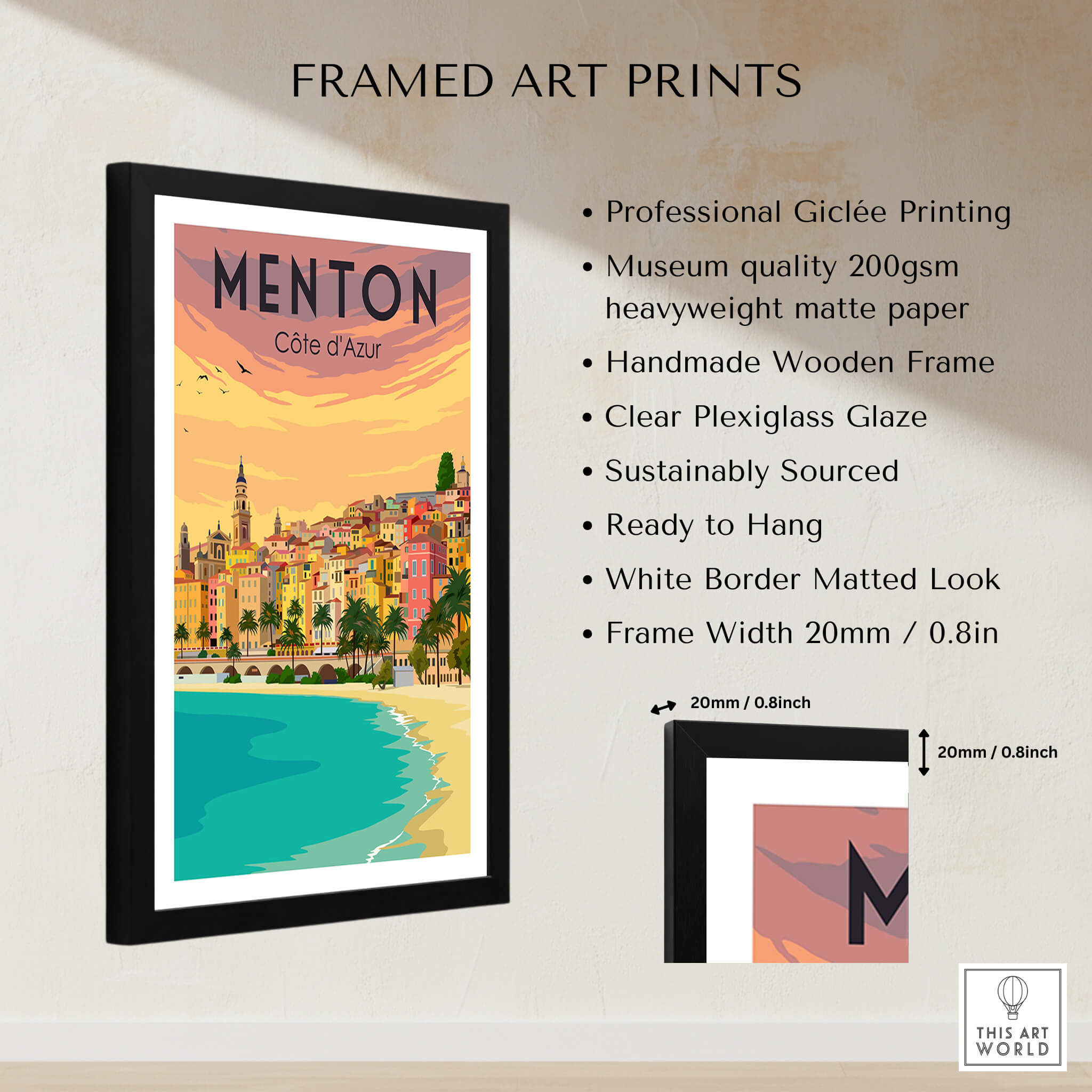 Menton France Print Poster | Vintage framed artwork featuring coastal view and vibrant colors.