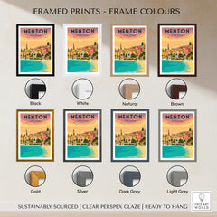 Menton France Print Poster | Vintage framed in various color options including black, white, natural, and brown.