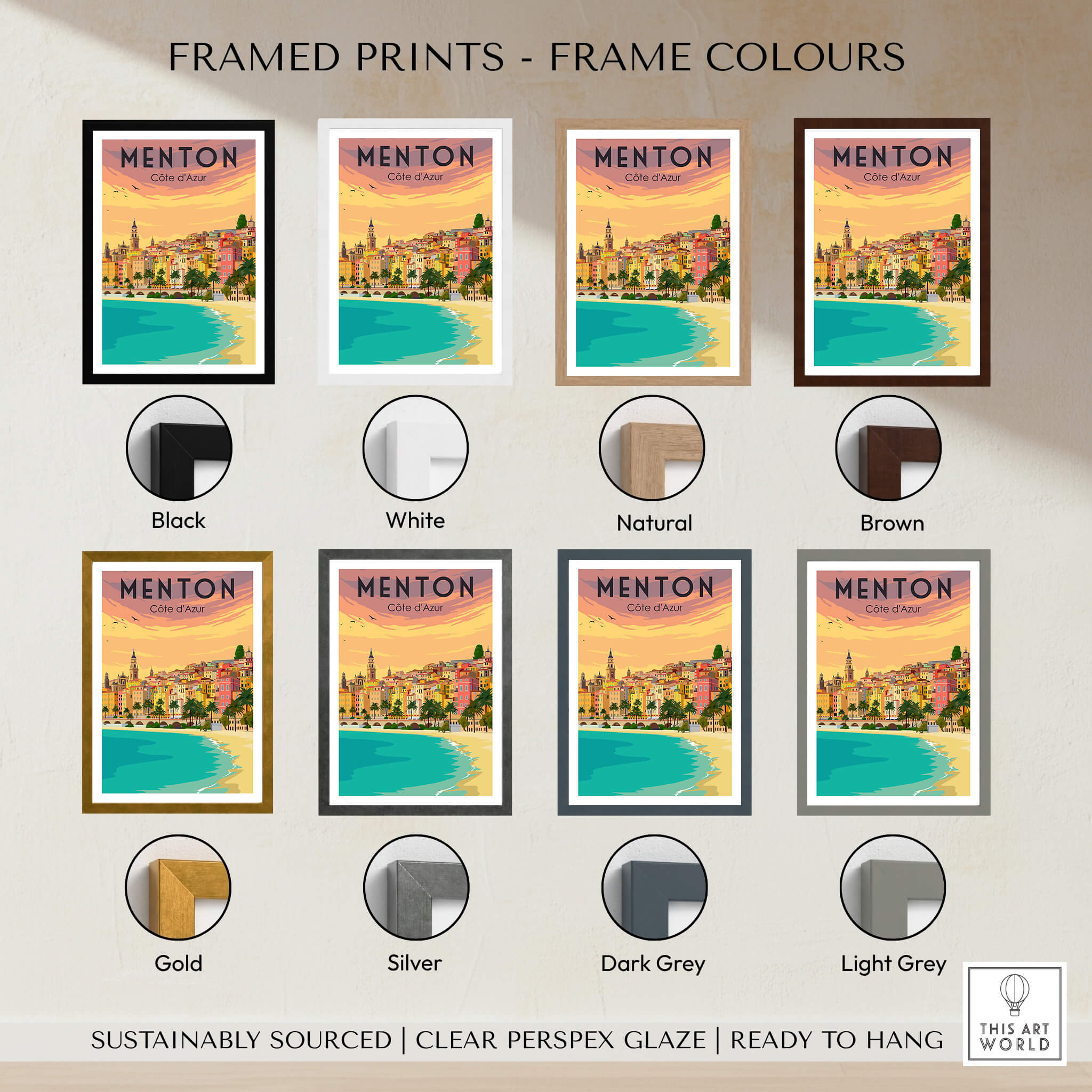 Menton France Print Poster | Vintage framed in various color options including black, white, natural, and brown.