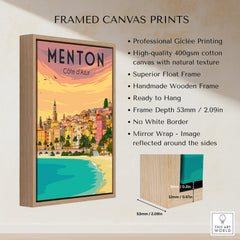 Menton France Print Poster | Vintage framed canvas print showcasing the beauty of Menton, Cote d'Azur.