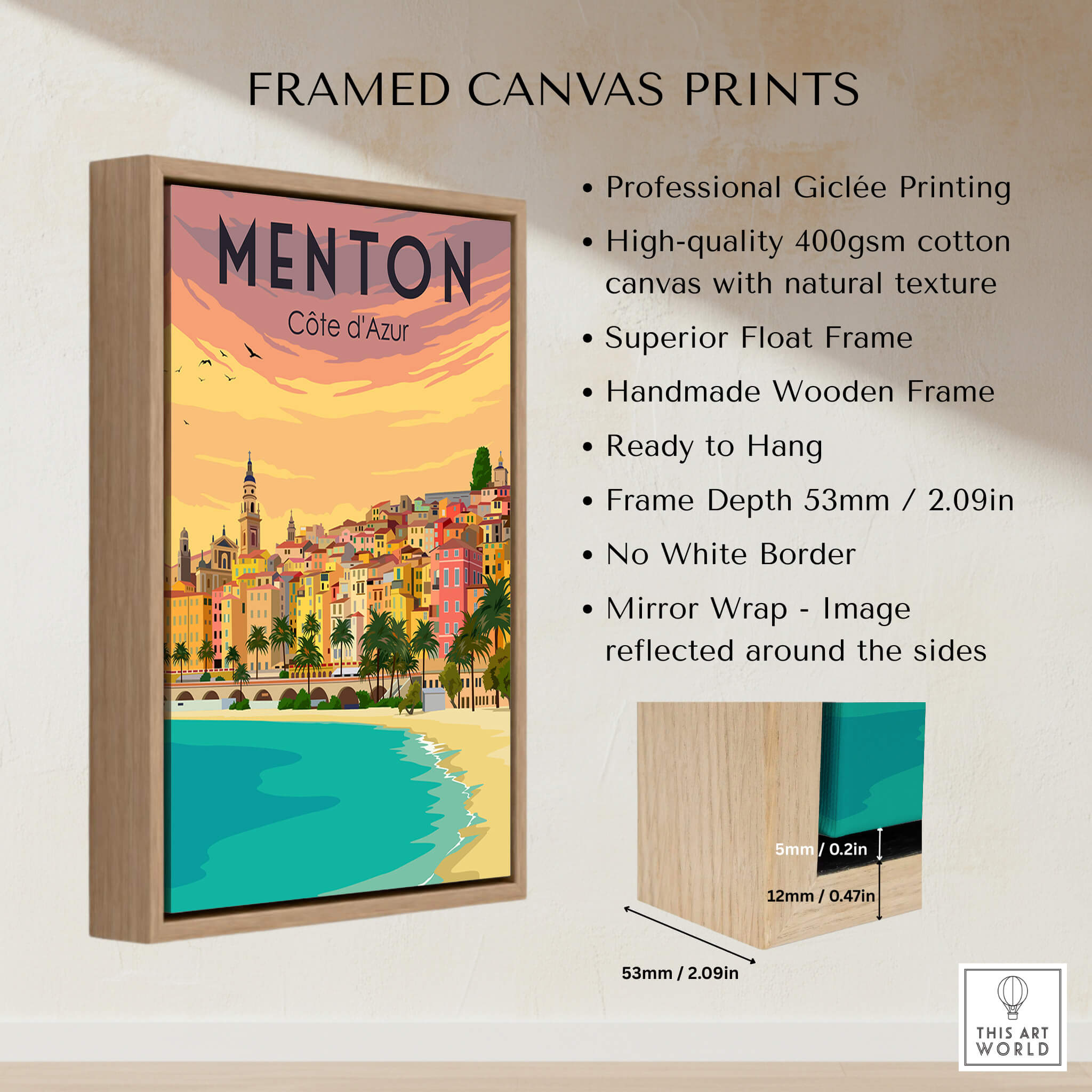 Menton France Print Poster | Vintage framed canvas print showcasing the beauty of Menton, Cote d'Azur.