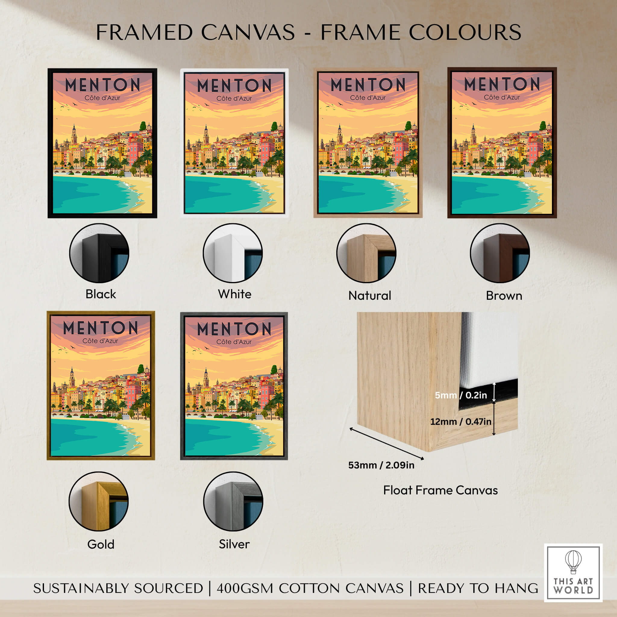 Menton France Print Poster | Vintage framed canvas color options including black, white, natural, brown, gold, and silver.