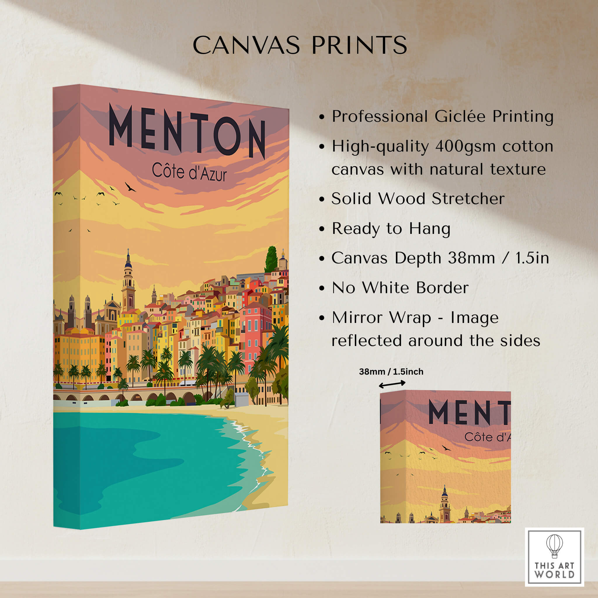 Menton France Print Poster | Vintage canvas print featuring vibrant colors and scenic coastal view.