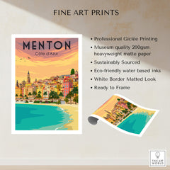Menton France Print Poster | Vintage artwork showcasing the beautiful coastline and vibrant colors of Menton, France.