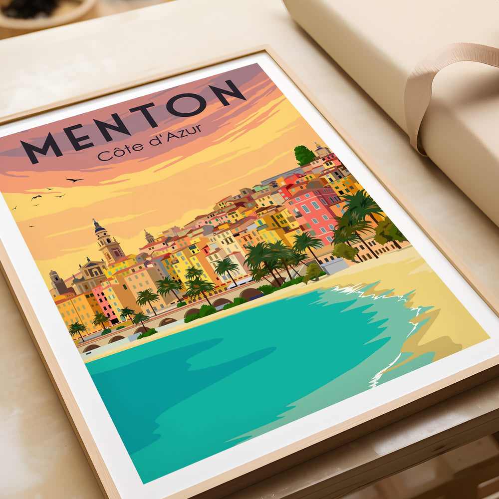 Menton France Print Poster | Vintage showcasing vibrant coastal scenery and charming architecture of Menton, Cote d'Azur.