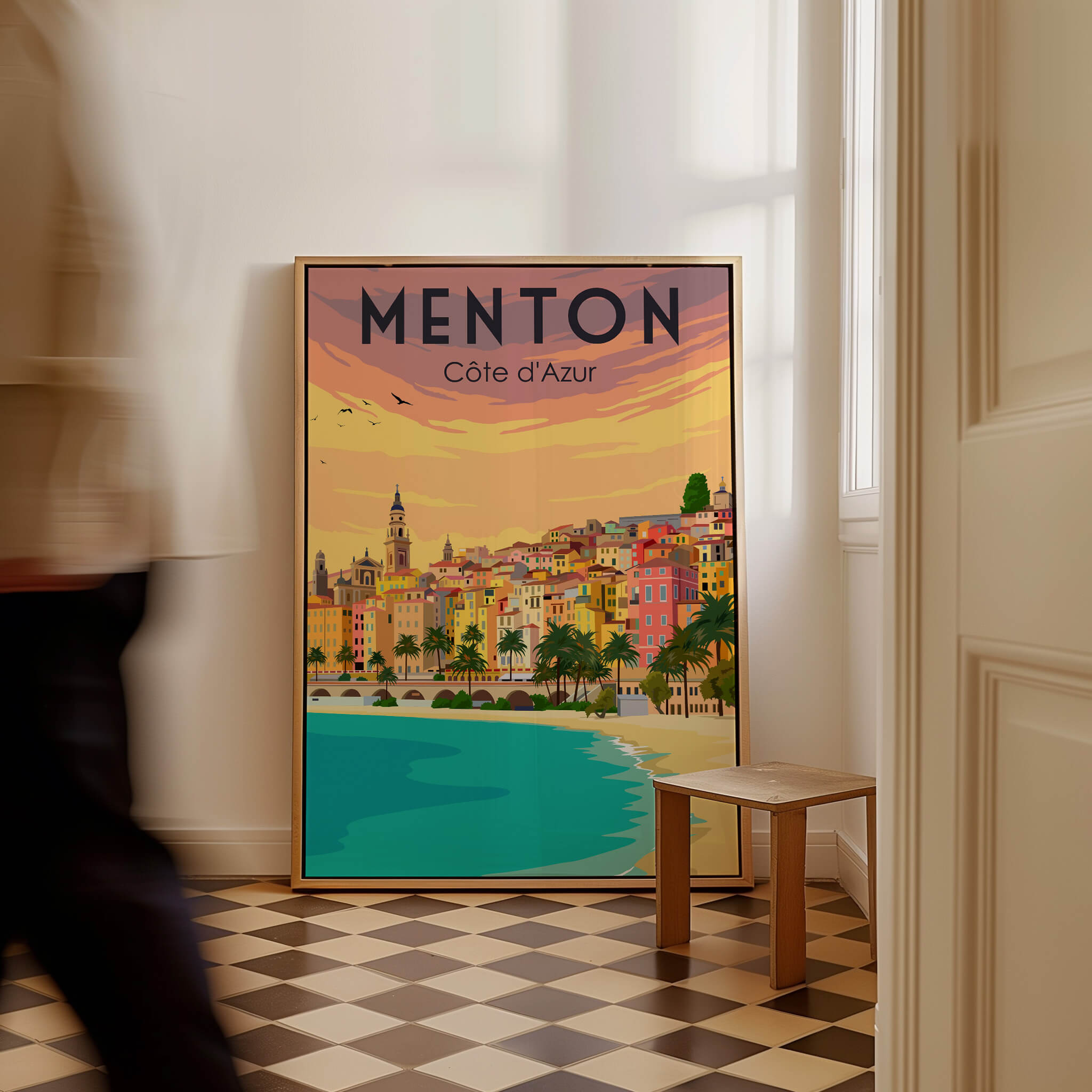 Menton France Print Poster | Vintage displayed in a stylish interior highlighting its classic European elegance.