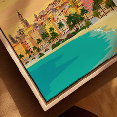 Menton France Print Poster | Vintage artwork showcasing vibrant Mediterranean scene with colorful buildings and palm trees.