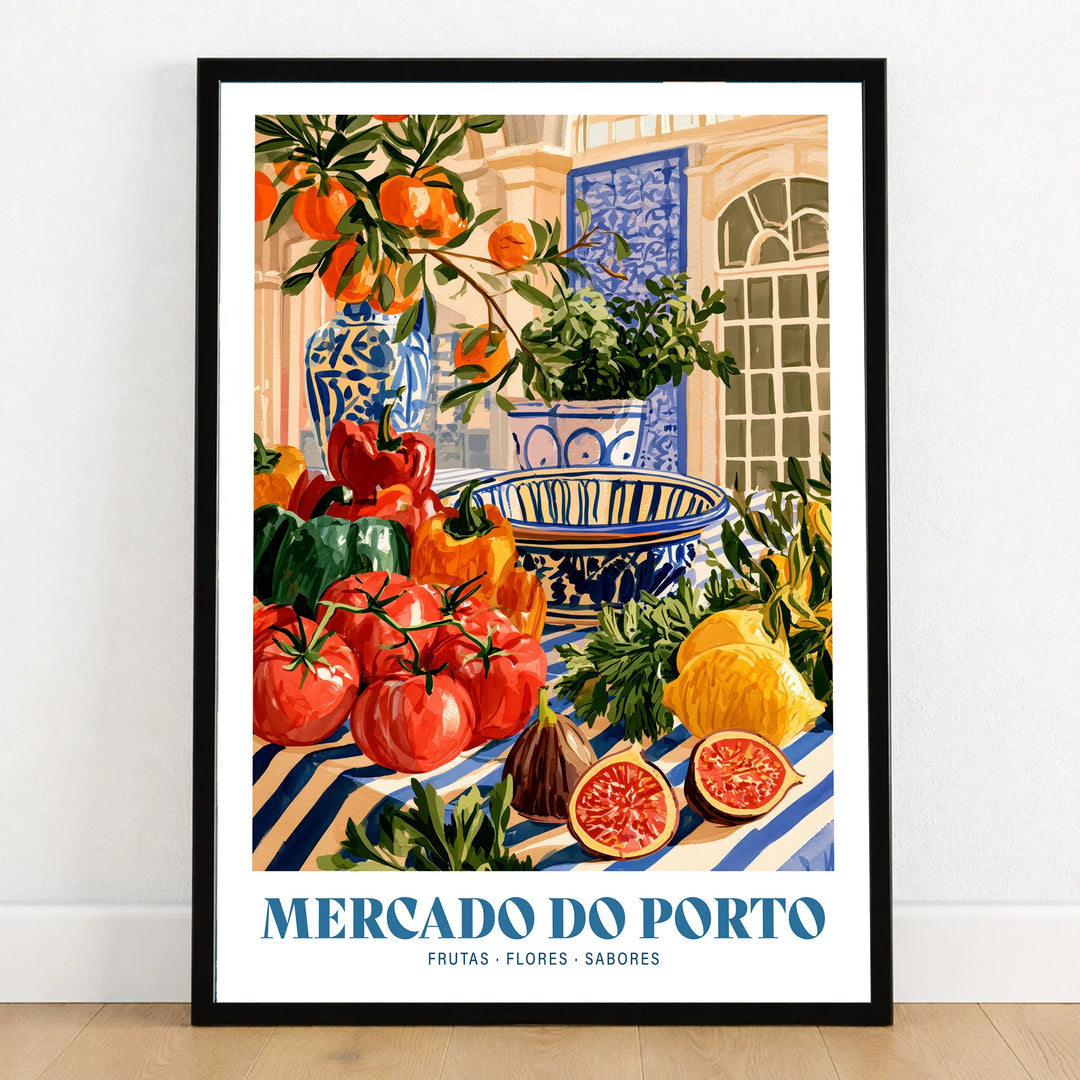 Mercado do Porto Portuguese Market Poster - art print in black frame on wooden floor