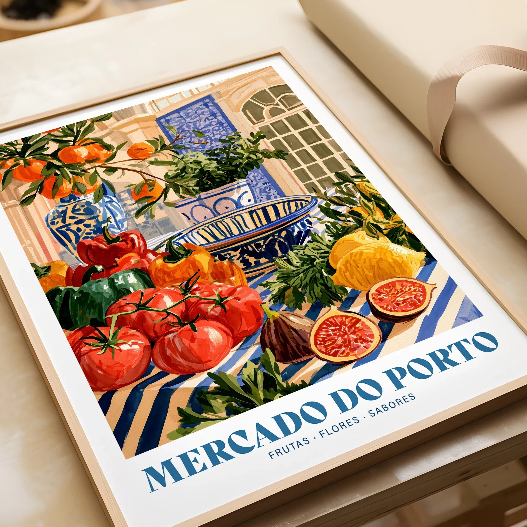 Mercado do Porto Portuguese Market Poster - framed art print closeup gift unwrapped natural frame