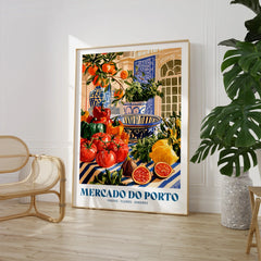 Mercado do Porto Portuguese Market Poster - large framed print room setting chair plant