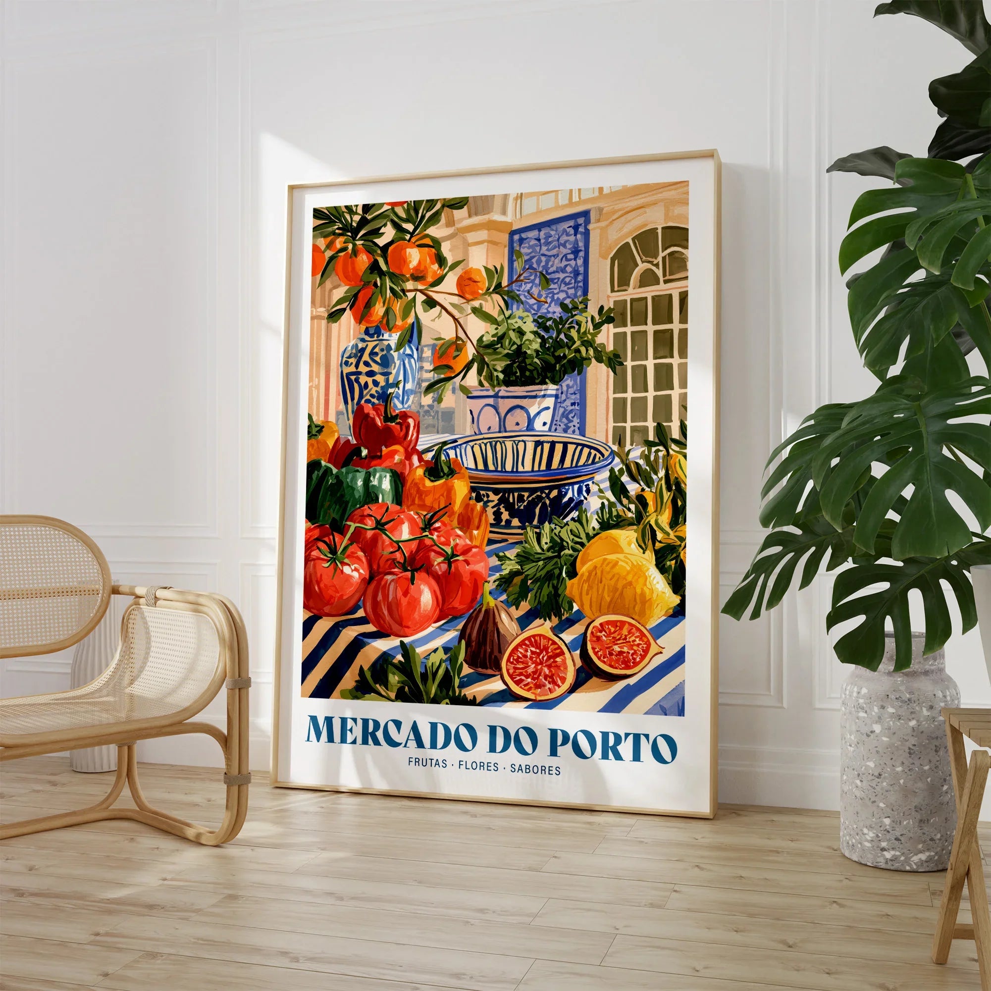 Mercado do Porto Portuguese Market Poster - large framed print room setting chair plant