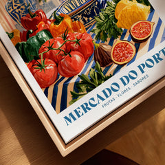 Mercado do Porto Portuguese Market Poster - closeup framed canvas natural wood floating frame