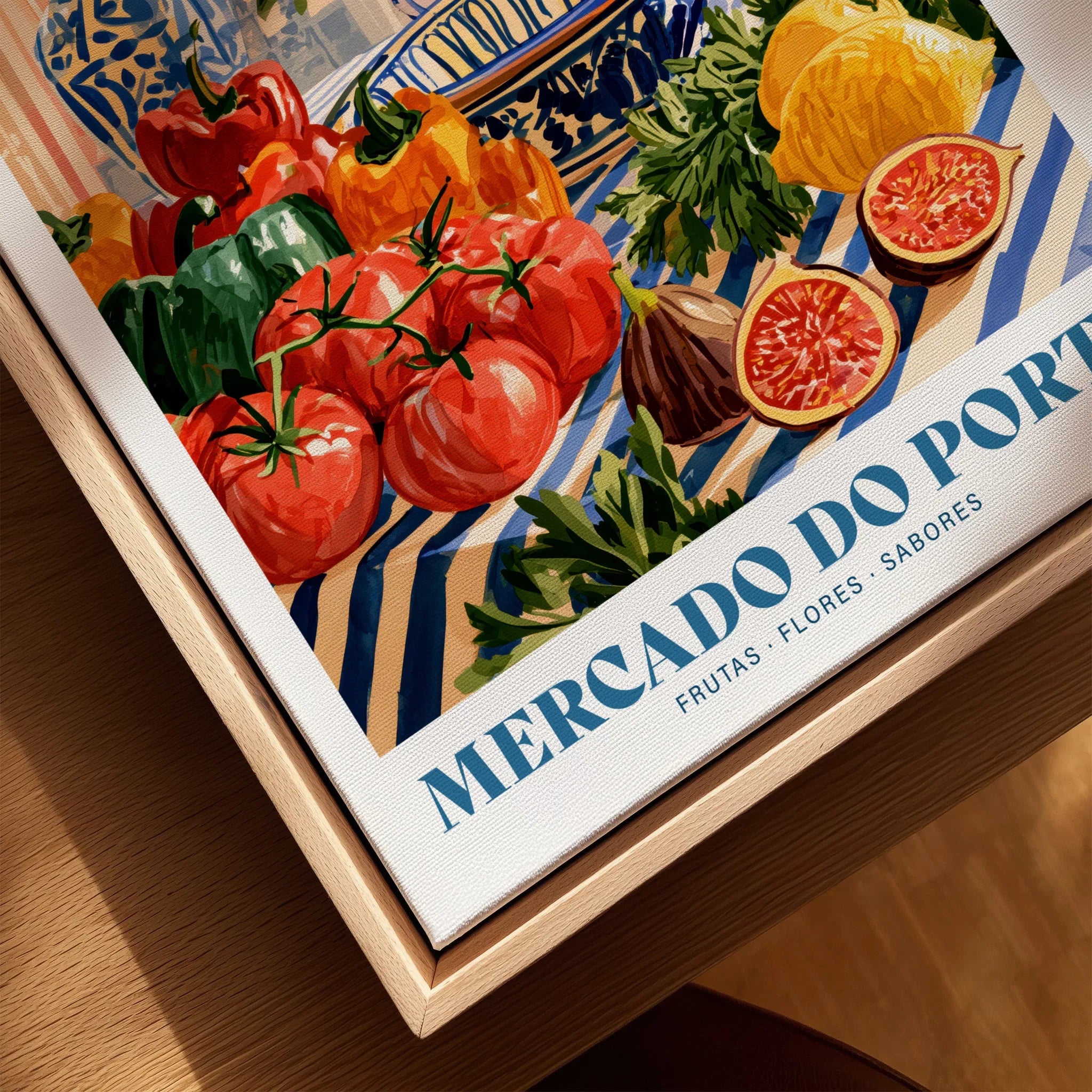 Mercado do Porto Portuguese Market Poster - closeup framed canvas natural wood floating frame