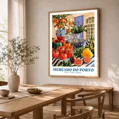 Mercado do Porto Portuguese Market Poster - dining room framed print natural wood frame mockup ThisArtWorld