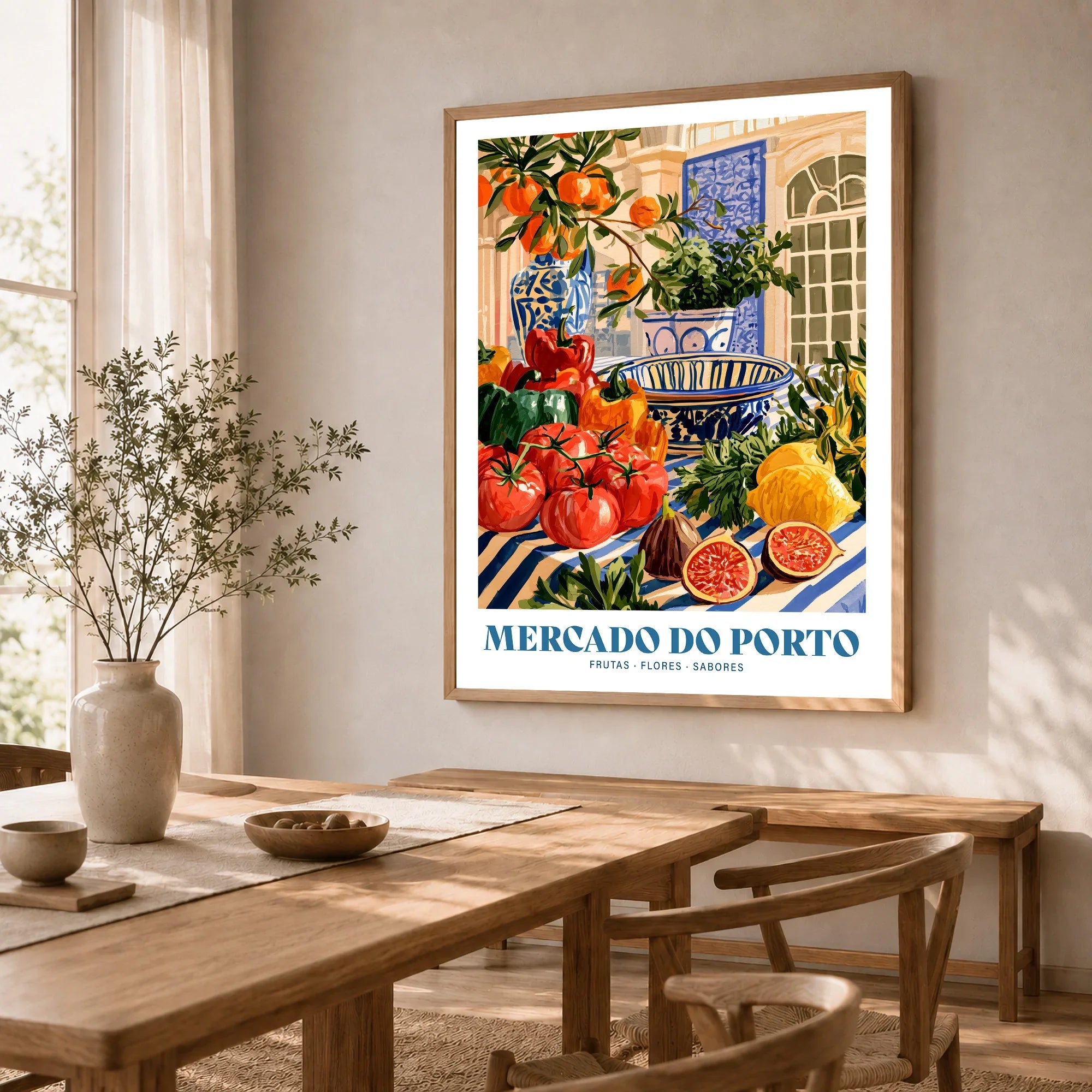 Mercado do Porto Portuguese Market Poster - dining room framed print natural wood frame mockup ThisArtWorld