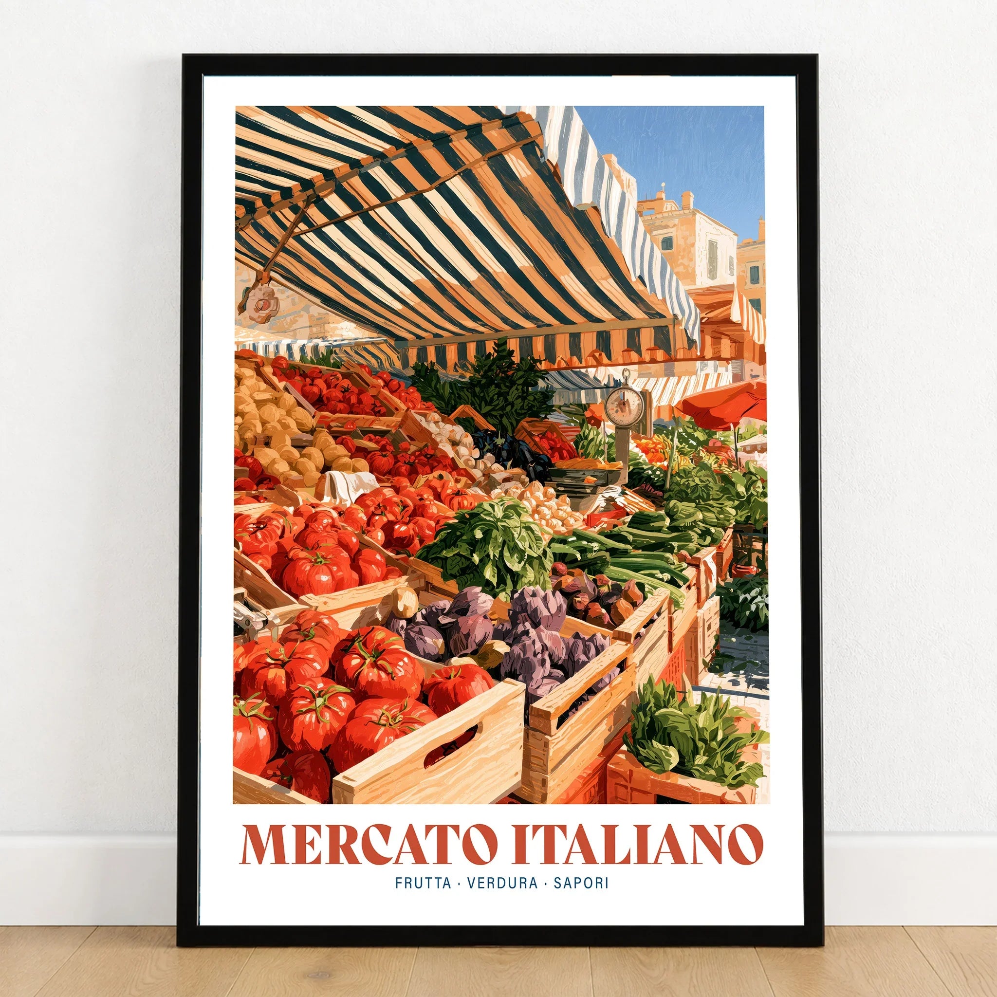 Italian Market Kitchen Wall Art - art print in black frame on wooden floor