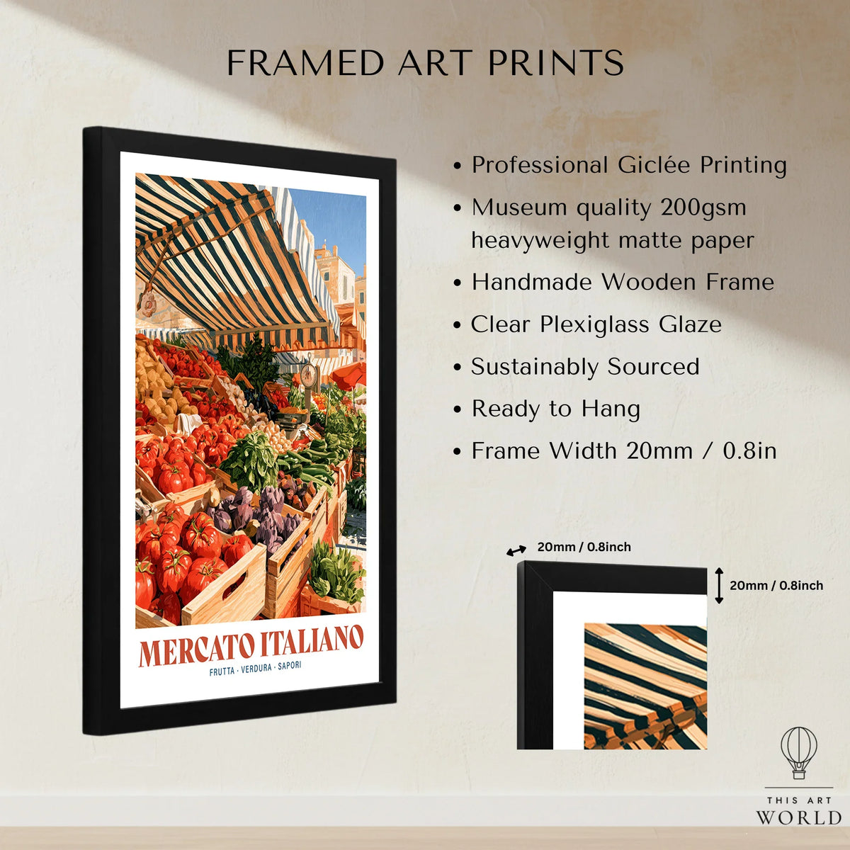 Italian Market Kitchen Wall Art - framed print details measurements quality details