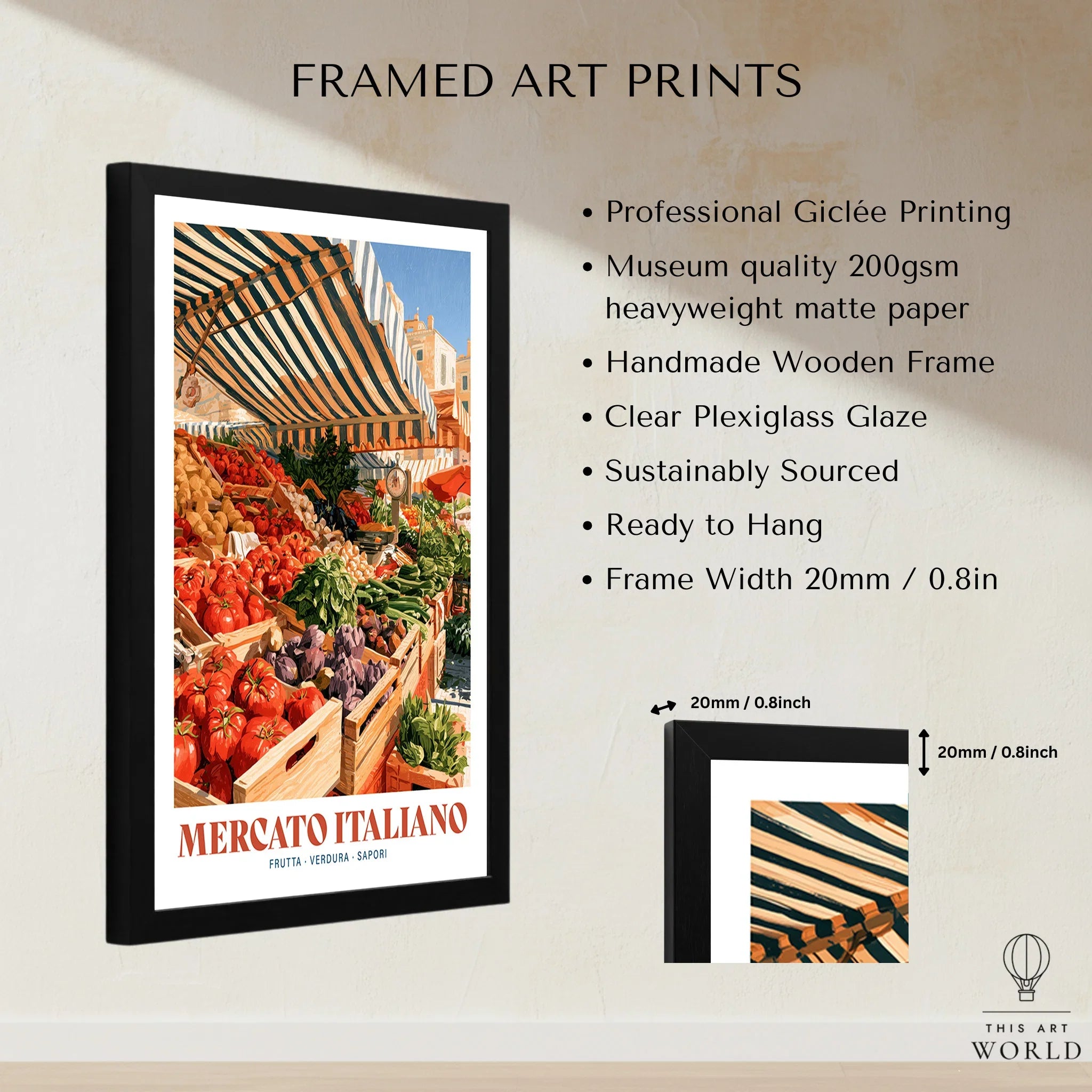 Italian Market Kitchen Wall Art - framed print details measurements quality details
