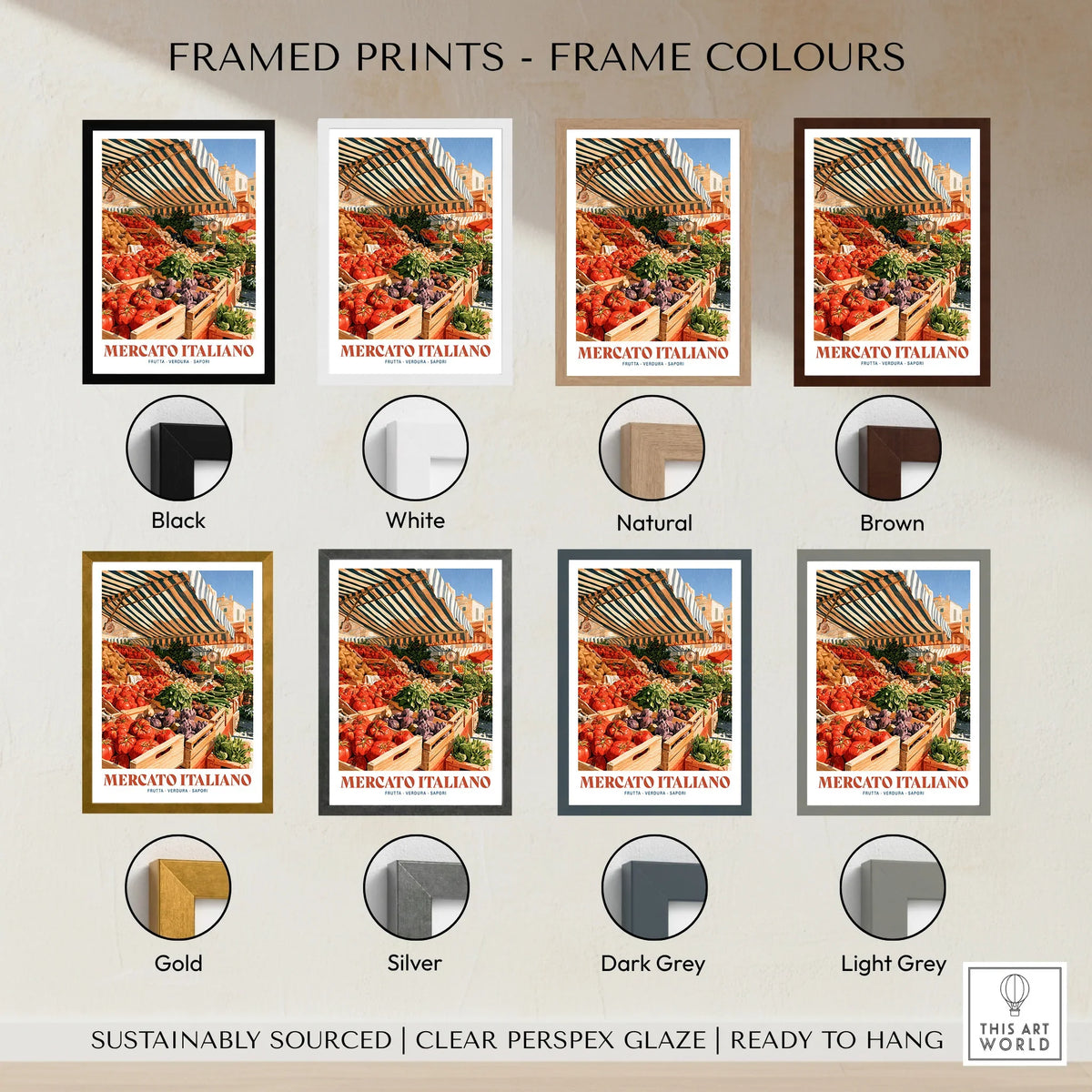 Italian Market Kitchen Wall Art - framed print colour options