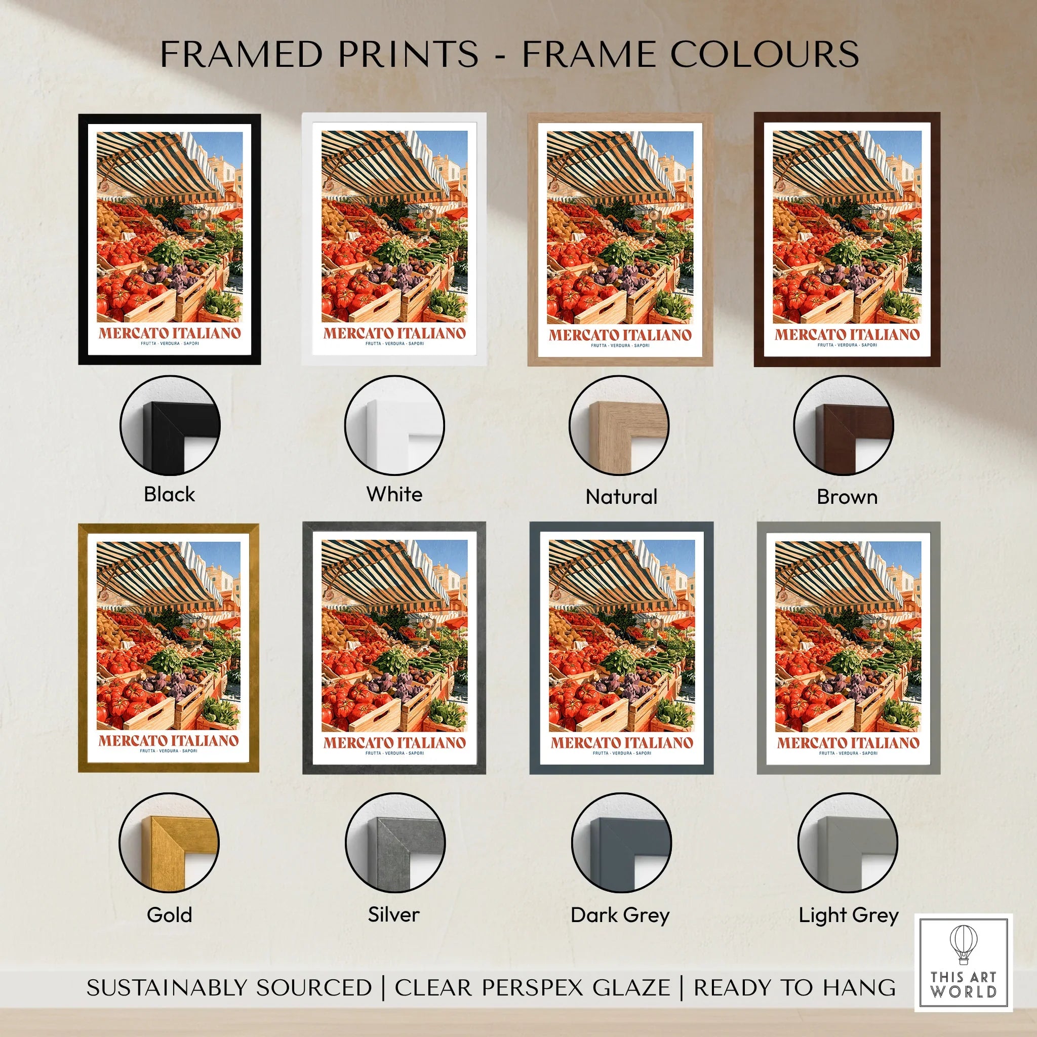 Italian Market Kitchen Wall Art - framed print colour options