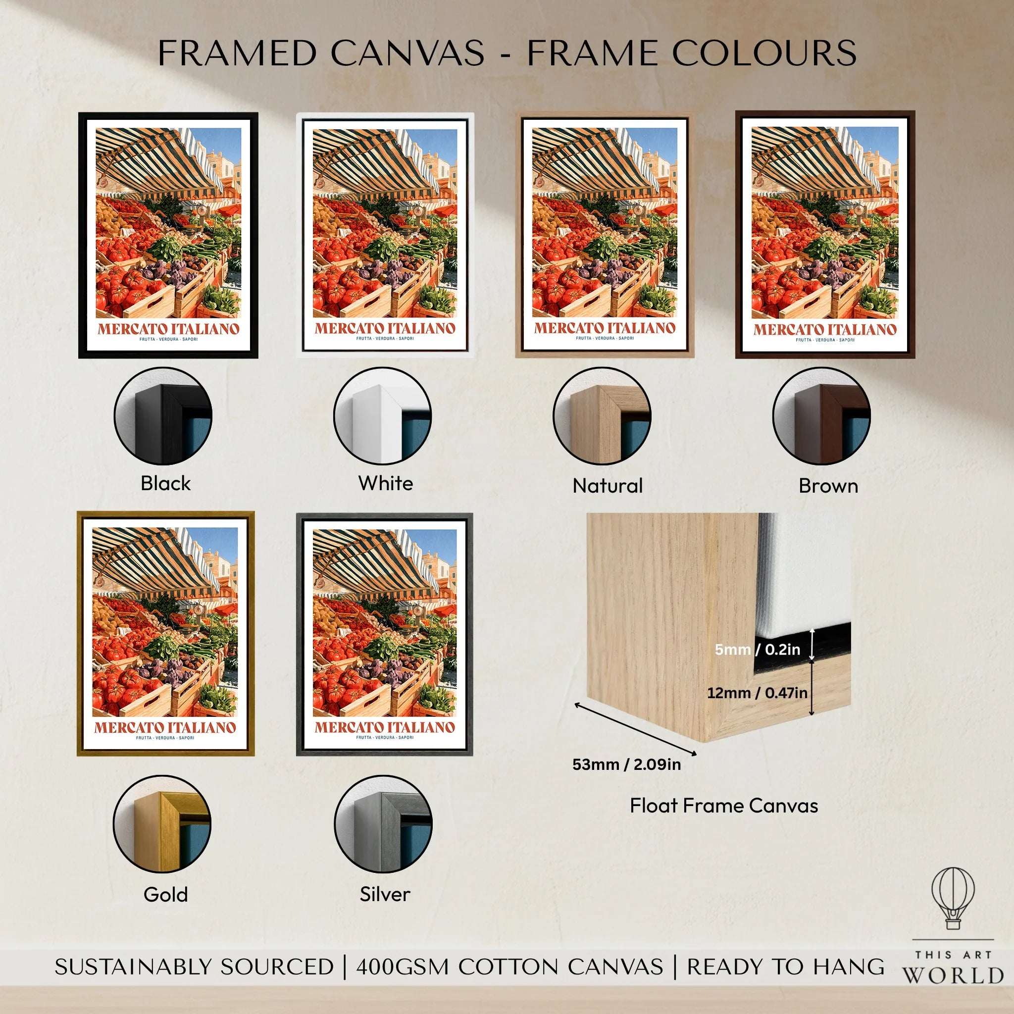 Italian Market Kitchen Wall Art - framed canvas float frame colour options