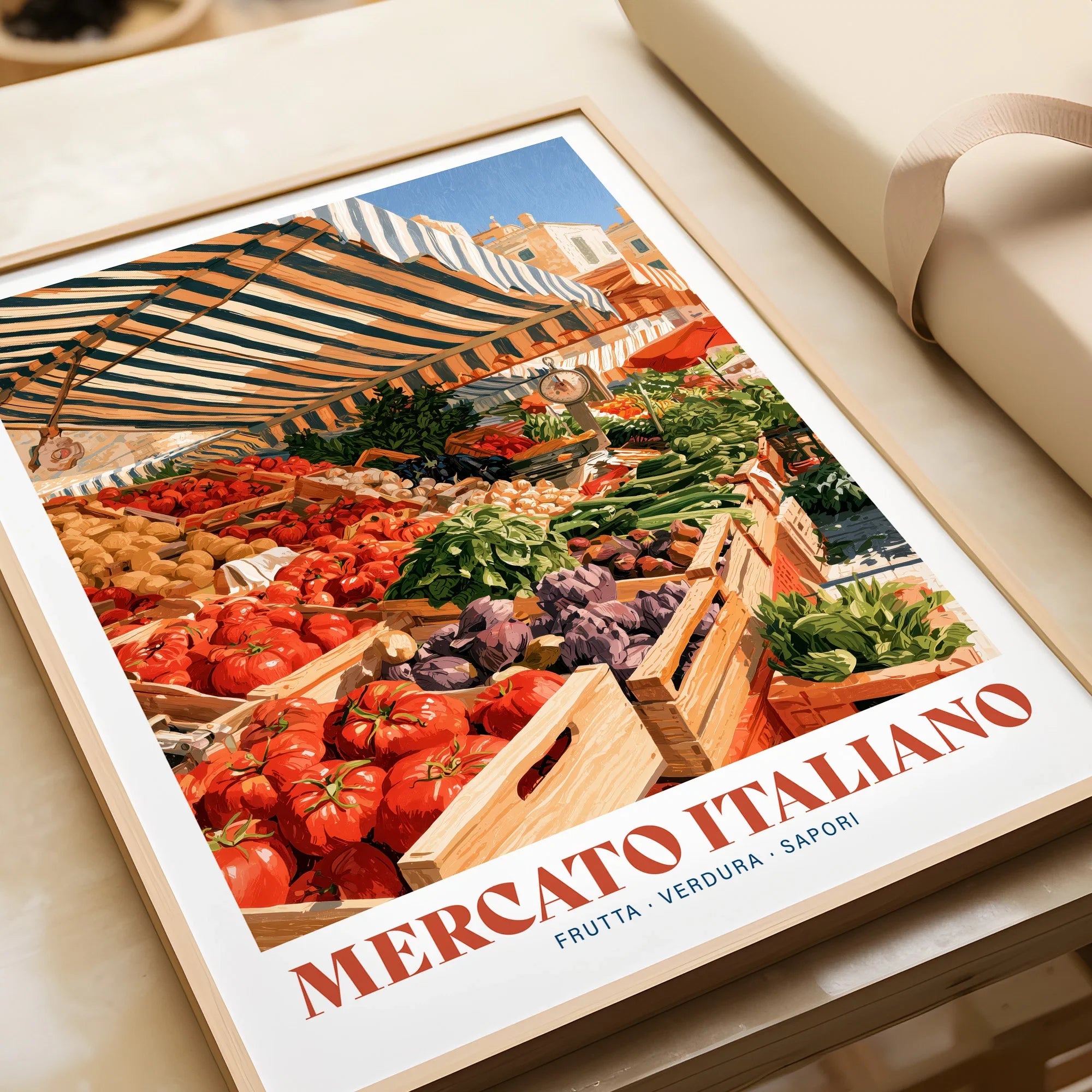 Italian Market Kitchen Wall Art - framed art print closeup gift unwrapped natural frame