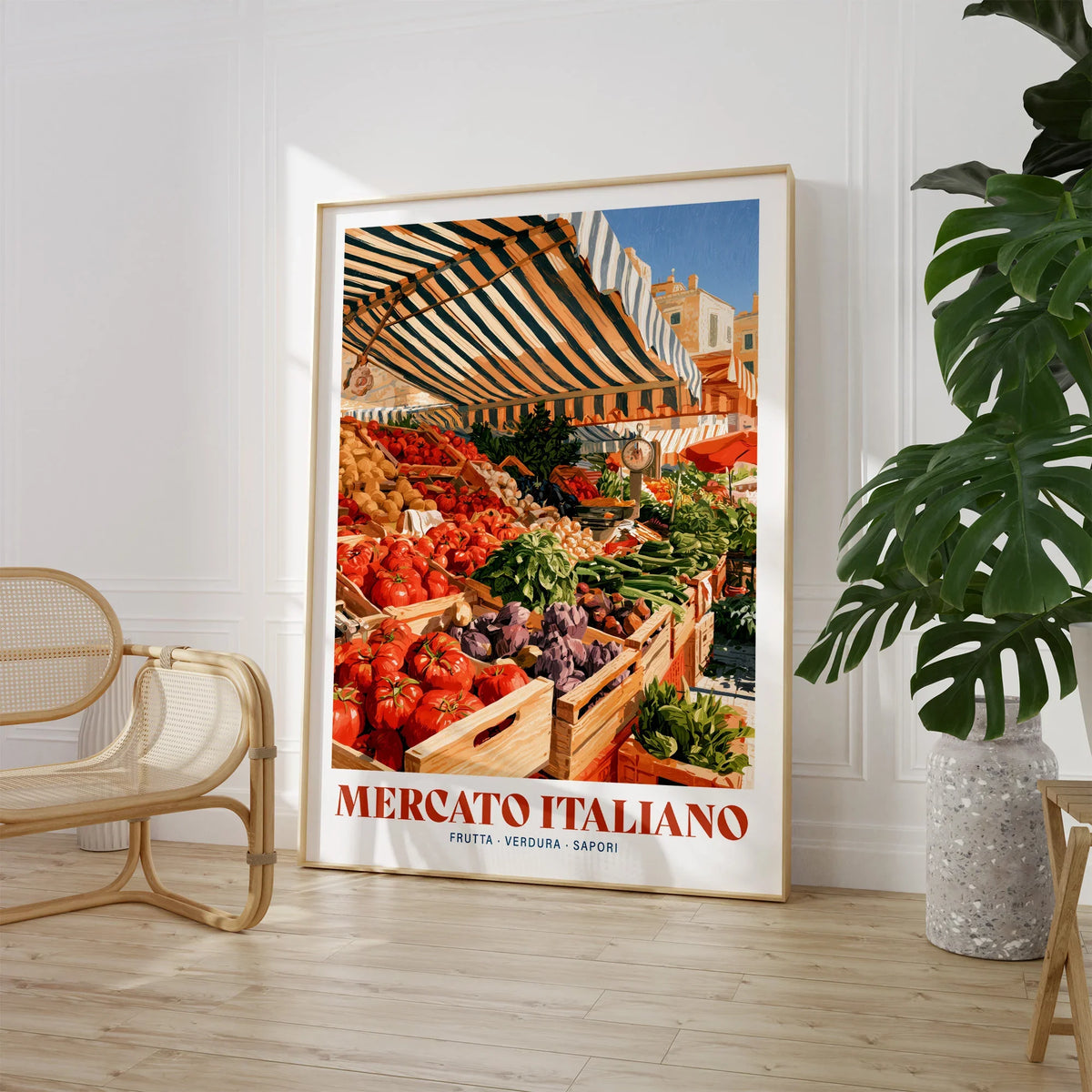 Italian Market Kitchen Wall Art - large framed print room setting chair plant