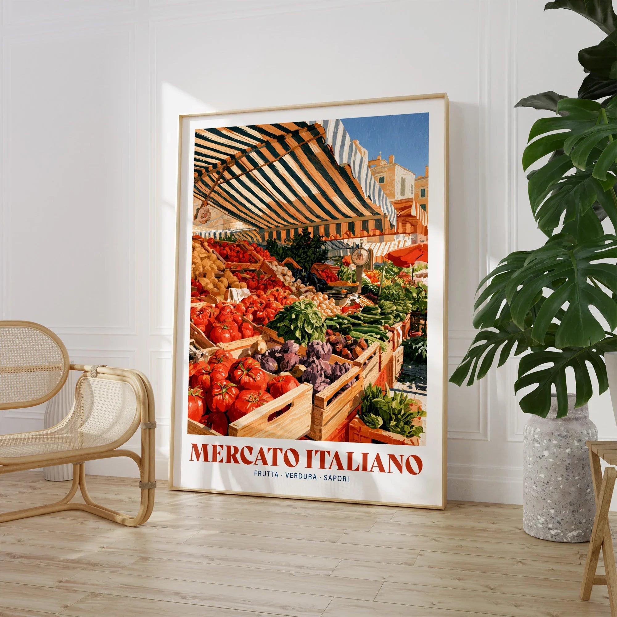 Italian Market Kitchen Wall Art - large framed print room setting chair plant