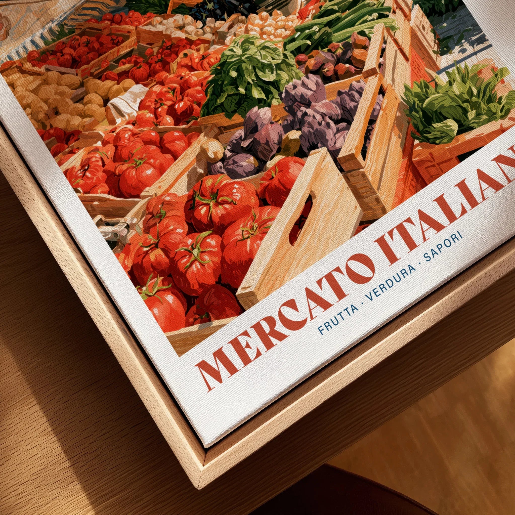Italian Market Kitchen Wall Art - closeup framed canvas natural wood floating frame