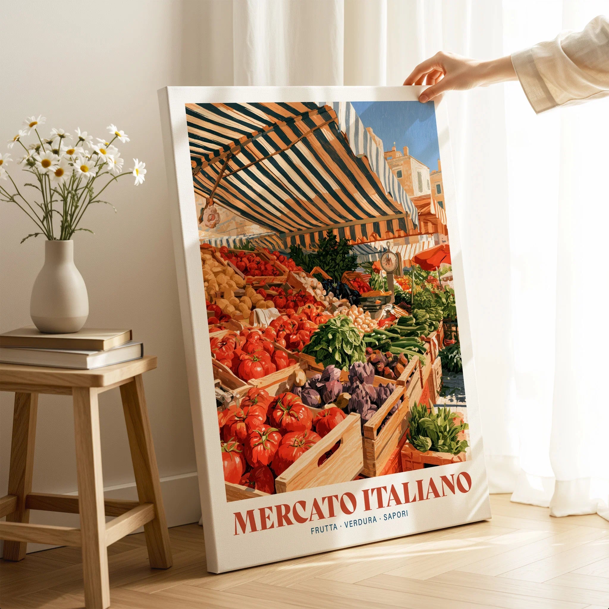 Italian Market Kitchen Wall Art - canvas print mirror edge hand holding room setting