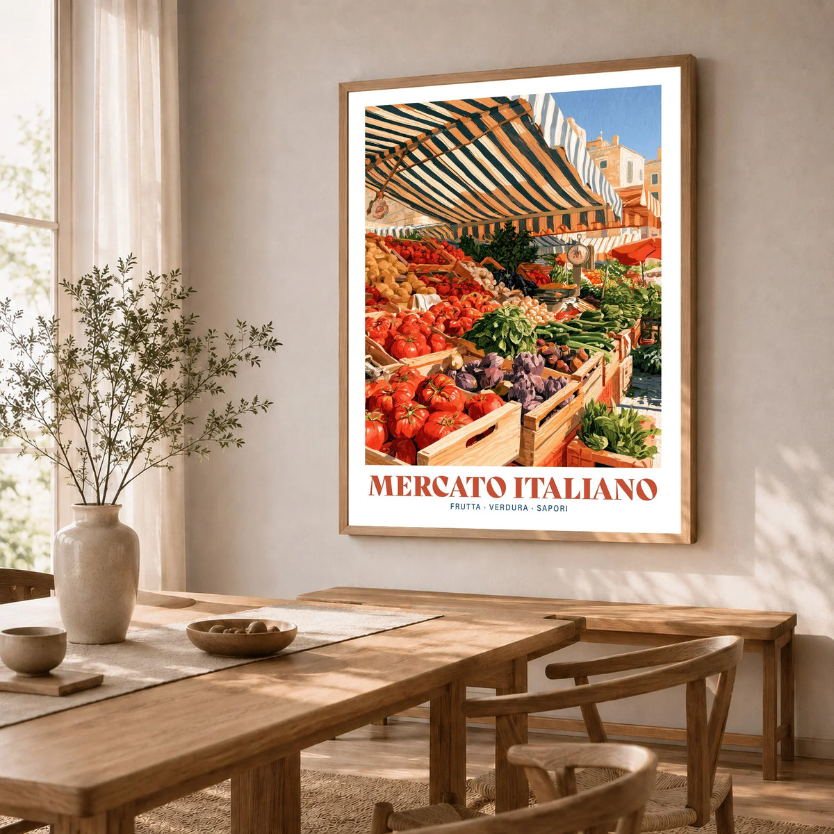 Italian Market Kitchen Wall Art - dining room framed print natural wood frame mockup ThisArtWorld