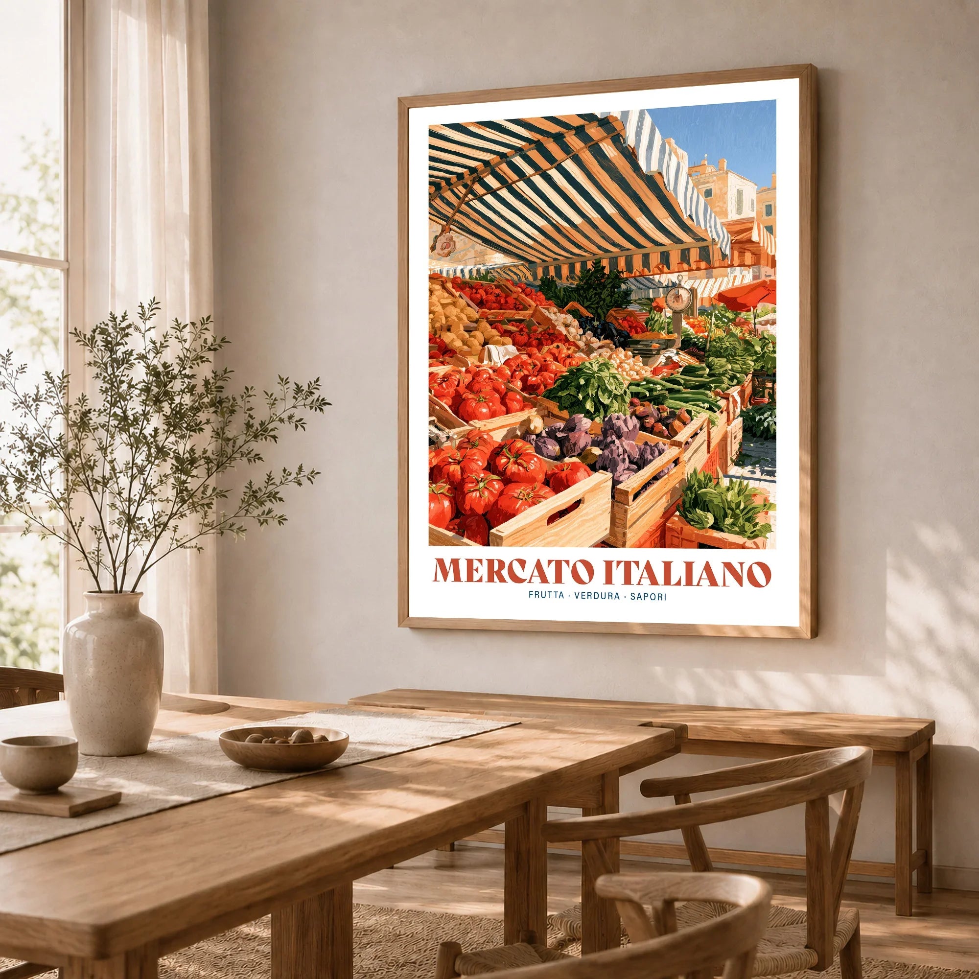 Italian Market Kitchen Wall Art - dining room framed print natural wood frame mockup ThisArtWorld
