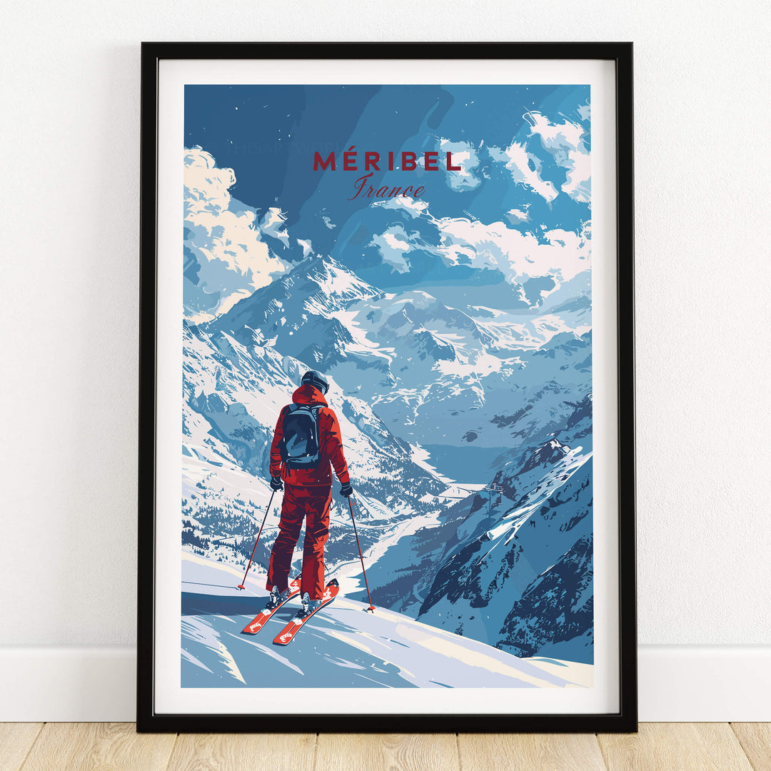 Meribel Travel Poster - France featuring a skier in a winter landscape with mountains and blue skies.