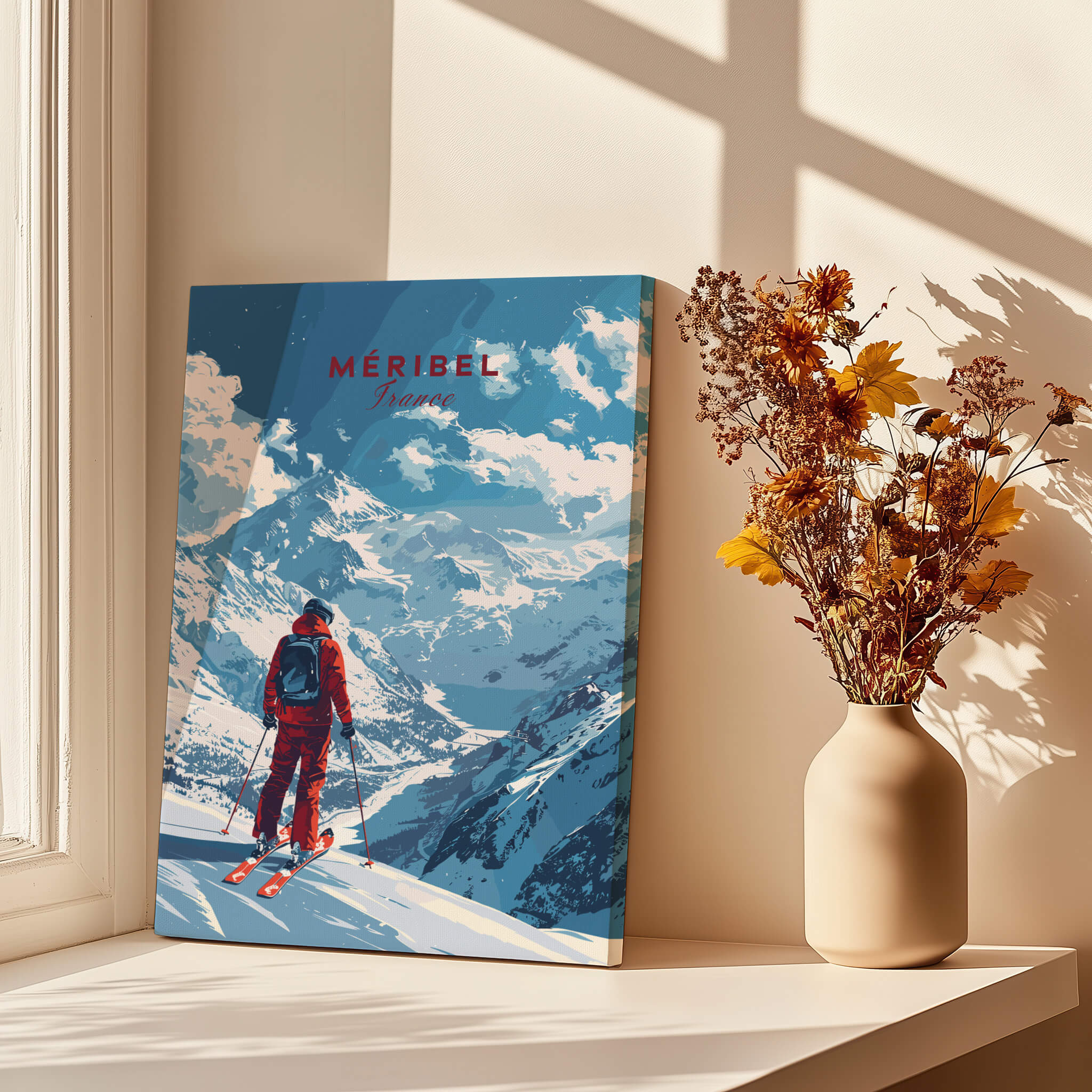 Meribel Travel Poster - France showcasing a skier against a stunning mountain backdrop with vivid colors.