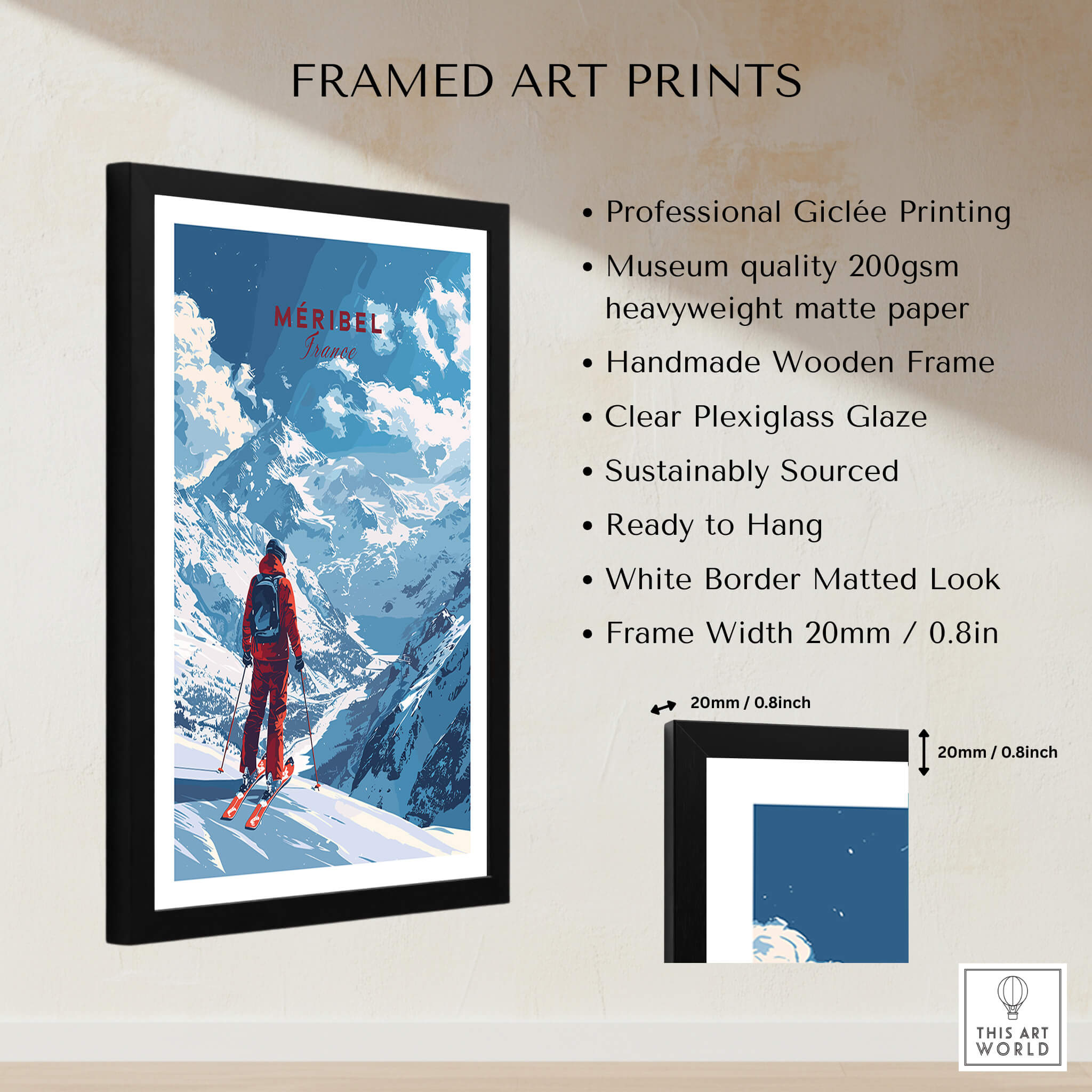 Meribel Travel Poster - France framed art print showcasing a skier in a stunning mountain landscape.