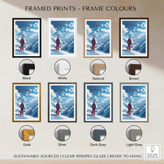 Meribel Travel Poster - France framed print options in various colors including black, white, natural, brown, gold, silver, dark grey, and light grey.