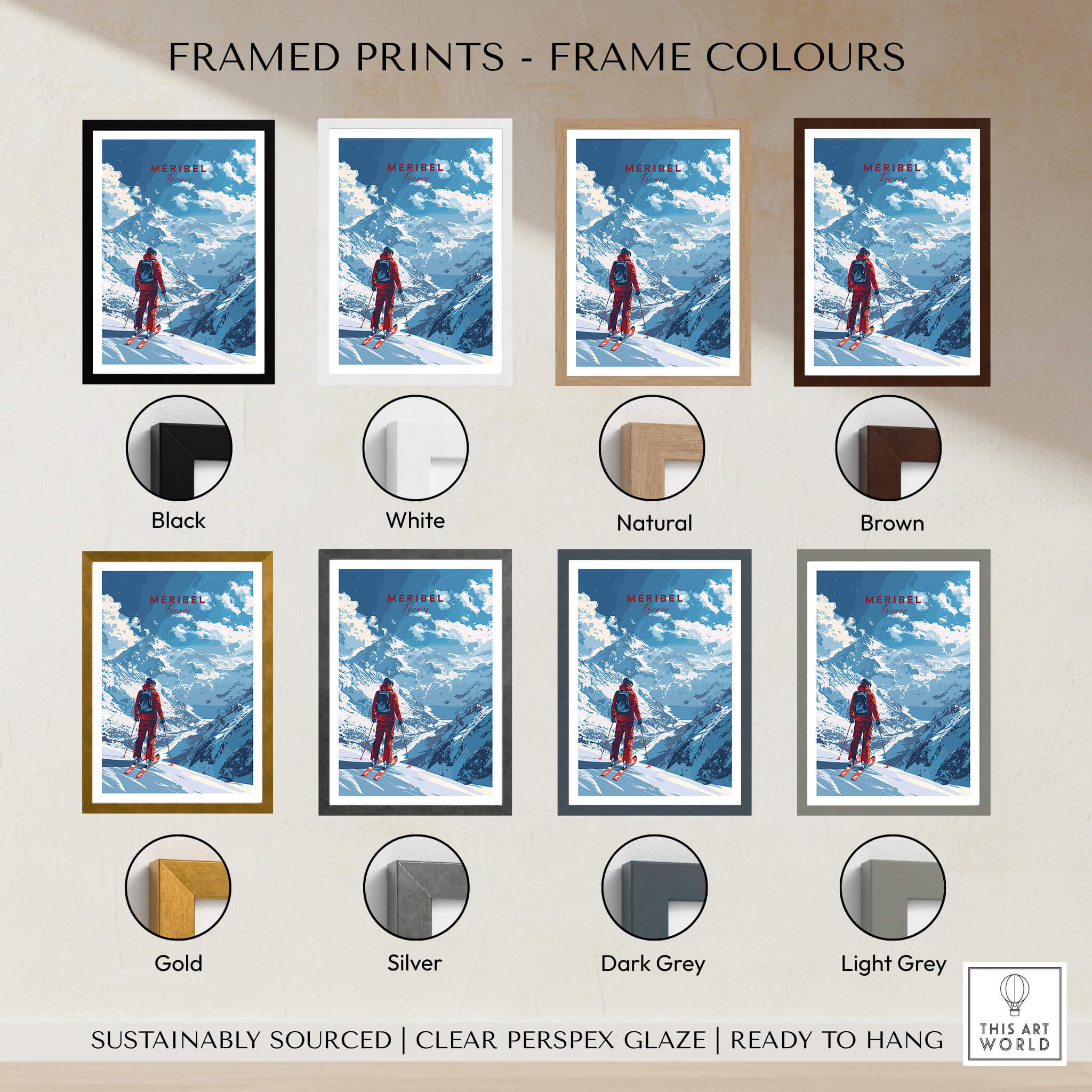 Meribel Travel Poster - France framed print options in various colors including black, white, natural, brown, gold, silver, dark grey, and light grey.