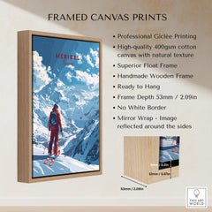 Meribel Travel Poster - France showcasing a skier against a stunning mountain backdrop, perfect for ski wall art.