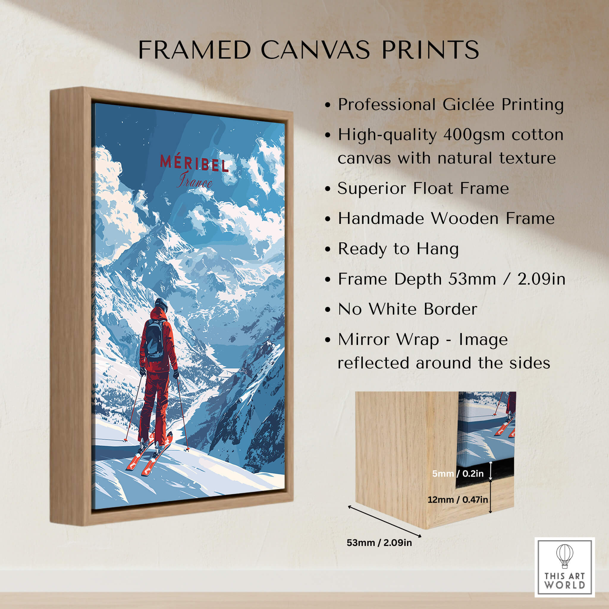 Meribel Travel Poster - France showcasing a skier against a stunning mountain backdrop, perfect for ski wall art.