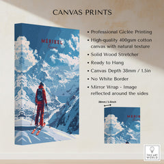 Meribel Travel Poster - France canvas print showcasing a skier against a stunning mountain backdrop.