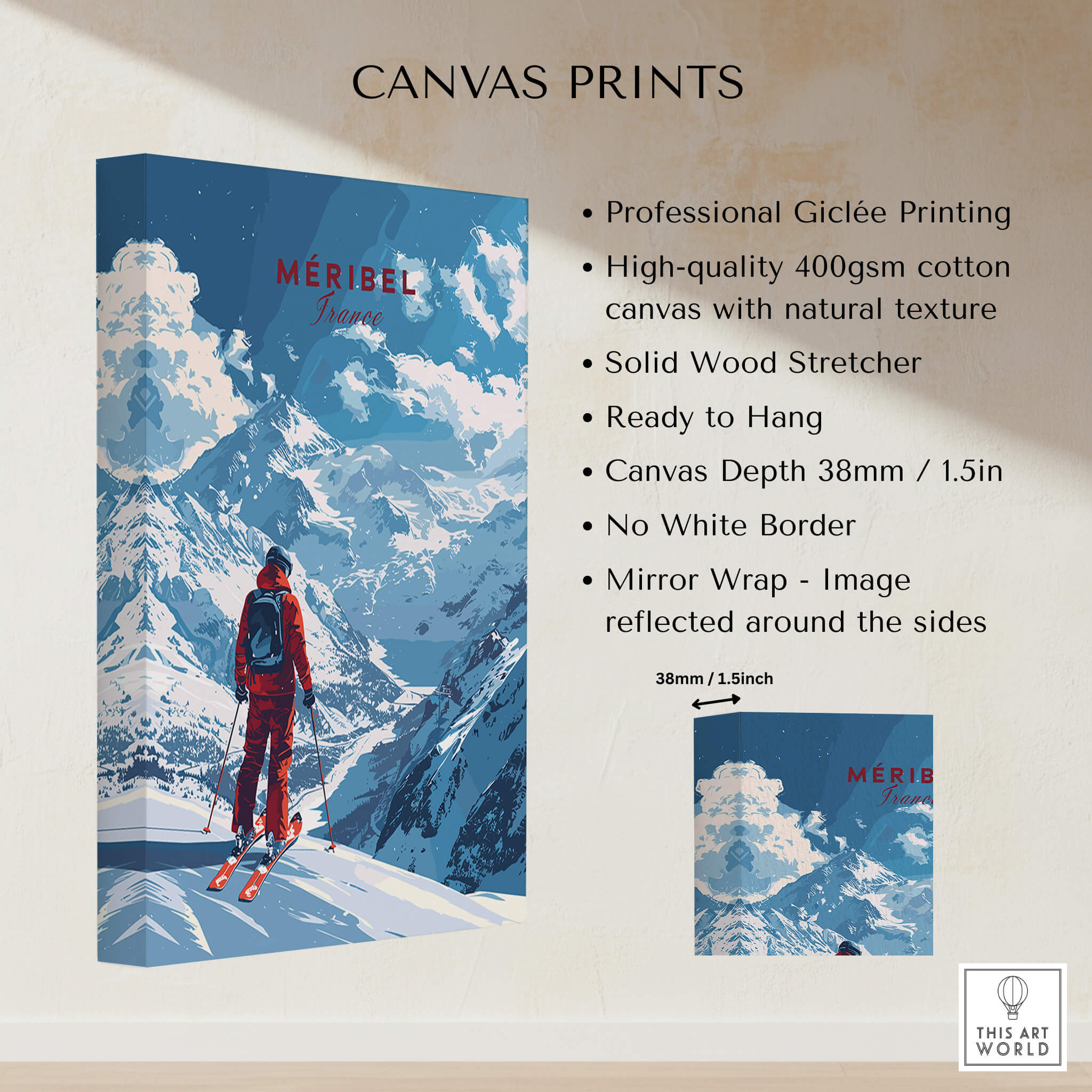 Meribel Travel Poster - France canvas print showcasing a skier against a stunning mountain backdrop.