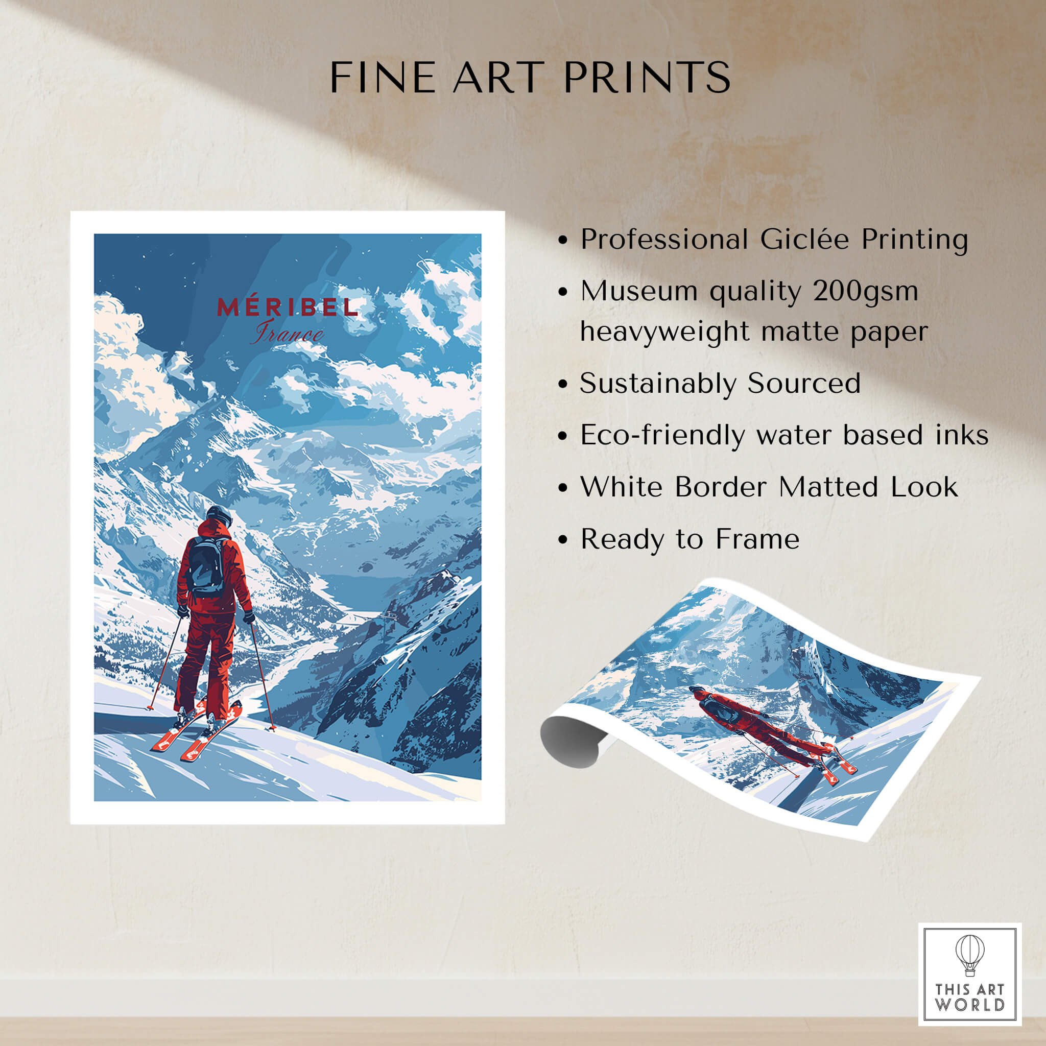 Meribel Travel Poster - France showcasing scenic ski landscape and mountain backdrop.