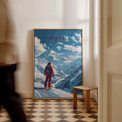Meribel Travel Poster - France showcasing a skier against a beautiful mountain backdrop in a stylish interior.