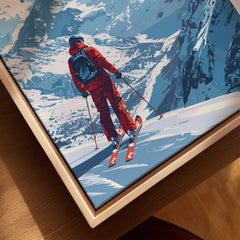 Meribel Travel Poster - France depicting a skier on a snowy mountain, capturing the excitement of a ski holiday.