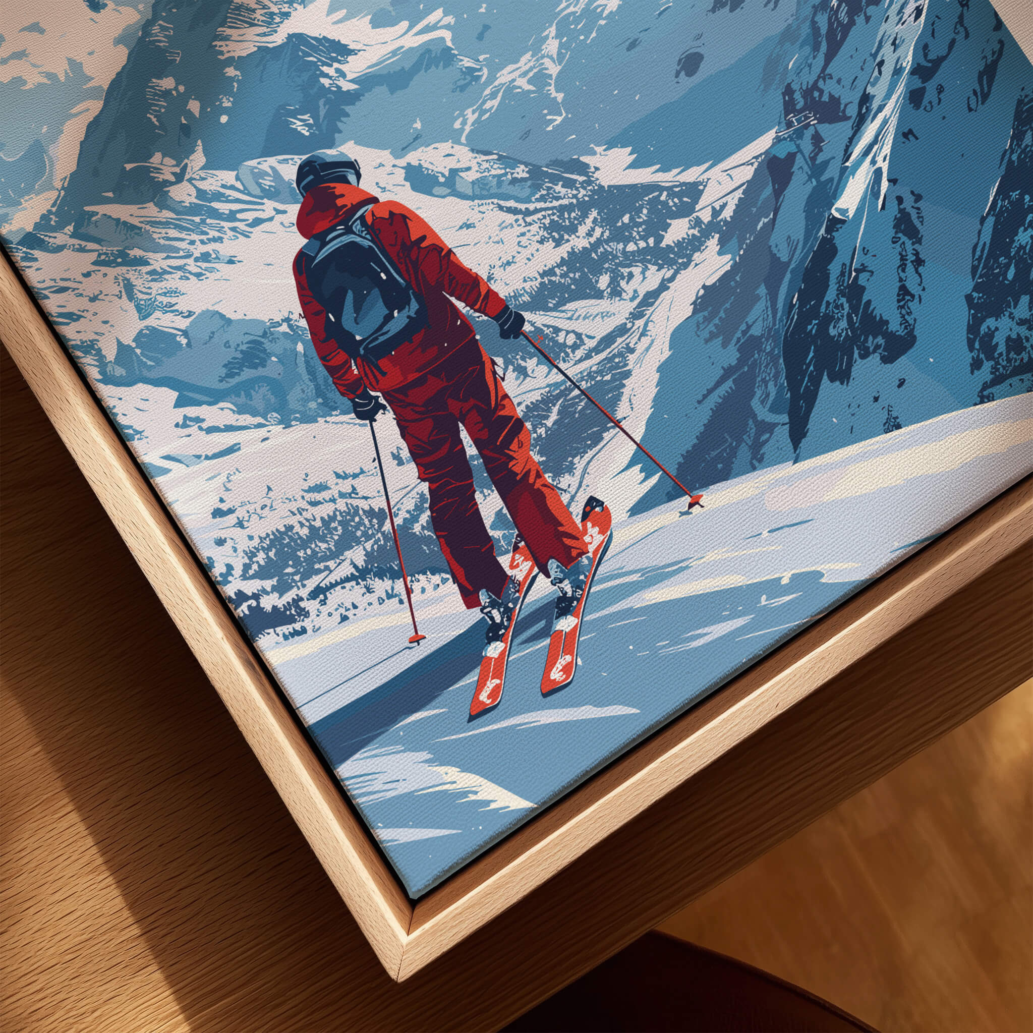 Meribel Travel Poster - France depicting a skier on a snowy mountain, capturing the excitement of a ski holiday.