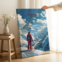 Meribel Travel Poster - France featuring a skier in a picturesque snow-covered mountain landscape.