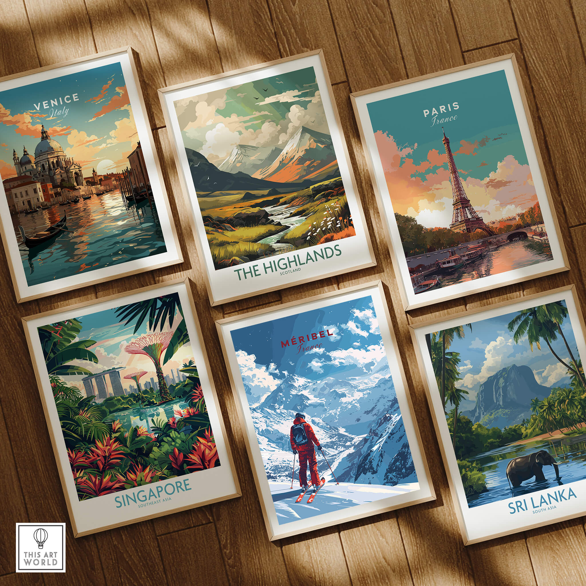 Meribel Travel Poster - France displayed among travel artwork from Venice, Paris, Singapore, the Highlands, and Sri Lanka.