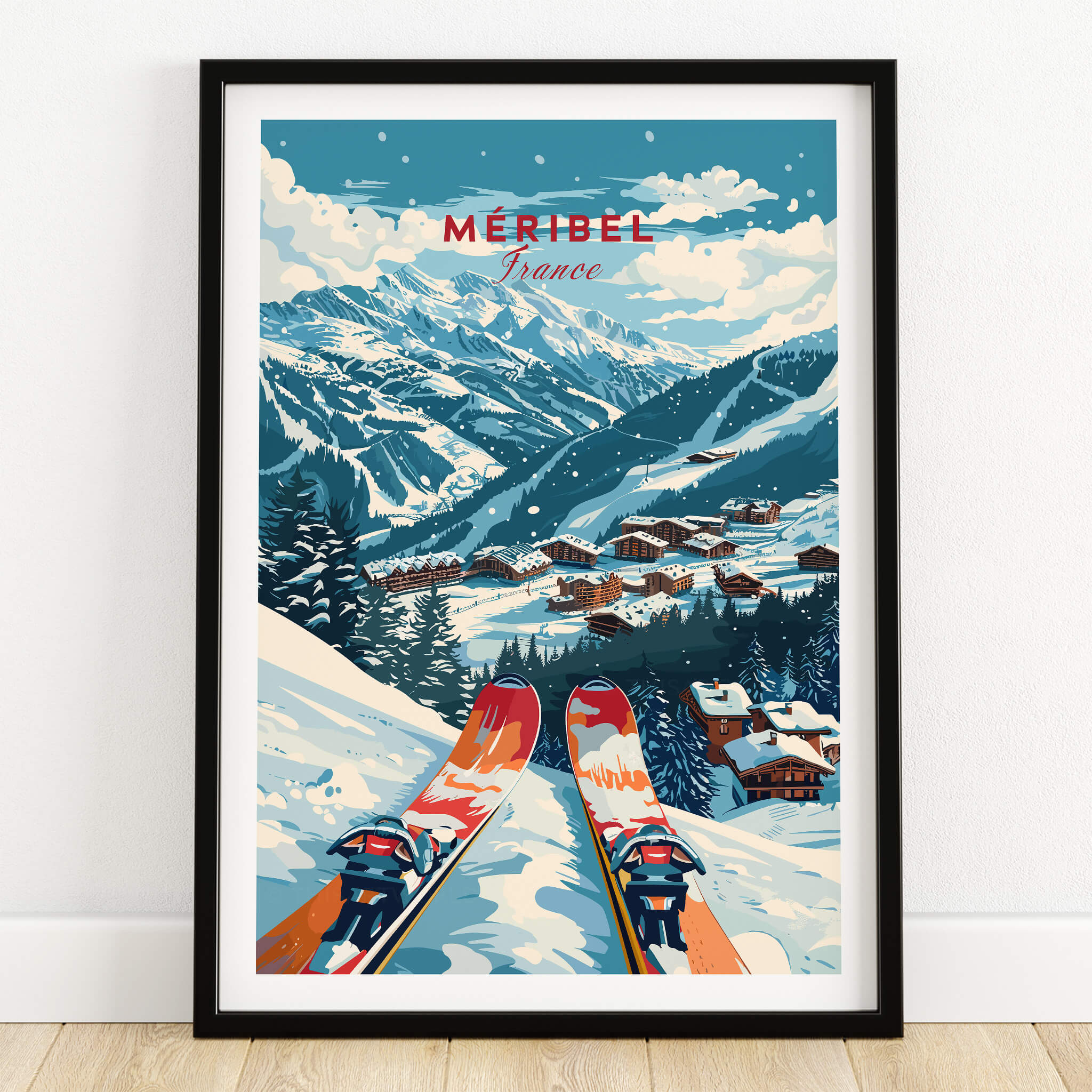 Meribel Ski Poster - France featuring vibrant alpine scenery and ski equipment
