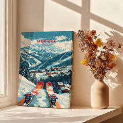 Meribel Ski Poster - France displayed near a window with flowers, showcasing alpine views and winter charm.